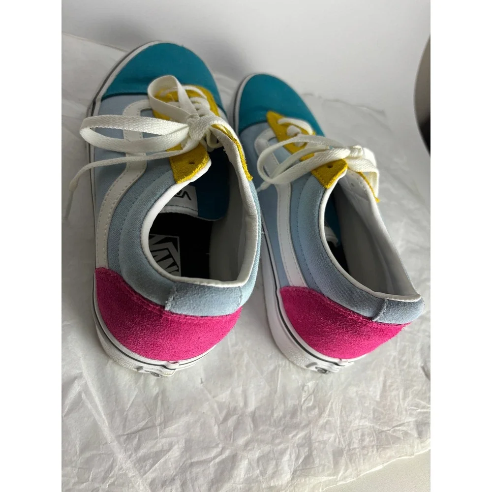 Vans Old Skool Teal Blue Yellow Pink Suede Canvas Sneakers Shoes Size 8.5